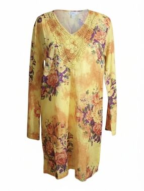 New Vintage GOA Yellow Floral V-Neck Tunic with Crochet Trim NWT Sz M